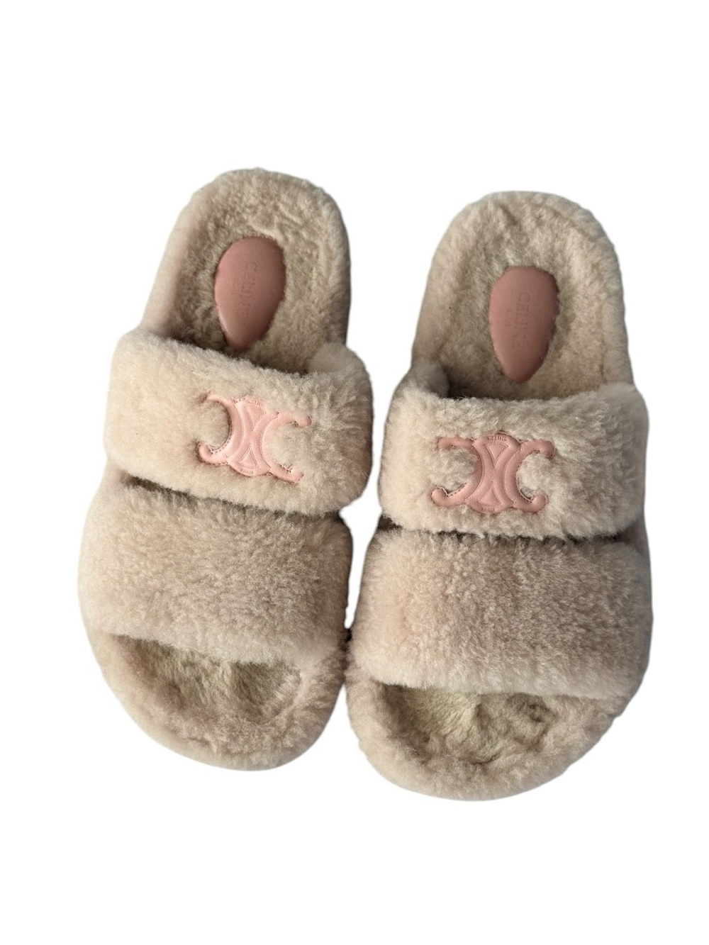 Celine Triomphe Plush Shearling Slide Sandals in Blush Pink and Cream